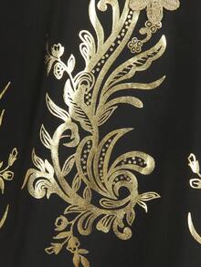 Vestido largo de bata con aplicación floral de lámina de oro, flor de cuello dorada, adorno de manga acampanada para niña joven - Negro - Ver 5