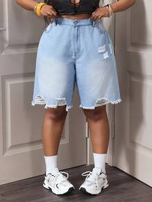 Slaydiva Women's Fashionable Commuter Casual Straight Leg Denim Shorts, Plus Size, Spring & Summer - Light Wash - View 1