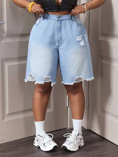 Slaydiva Women's Fashionable Commuter Casual Straight Leg Denim Shorts, Plus Size, Spring & Summer