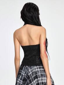 ROMWE Grunge Punk Áo tank top không dây vai bất đối xứng bằng da lộn màu xanh hải quân dành cho nữ, thích hợp cho mùa xuân/hè. - màu đen - Xem 6