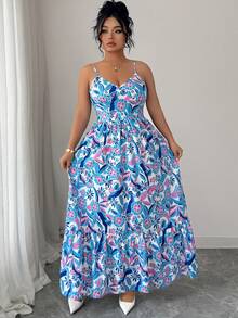 SHEIN Elenzya 女士大码梭织印花优雅吊带连衣裙 - 藍色 - 查看 6