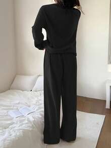 DAZY 2pcs Women Casual Striped Textured Fleece Cardigan And Pants Pajama Set, Spring - Black - View 2