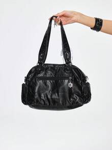 ROMWE Grunge Punk Túi đeo vai kiểu xô bằng da PU màu trơn thời trang, thích hợp cho việc đi làm. - Màu đen một - Xem 6