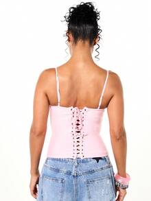 SUMWON WOMEN Lace-Up Back Bandage Sweetheart Neckline Bustier Style Tank Top With Spaghetti Strap And Fitted Silhouette For Spring Summer - Pink - View 2