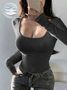 DAZY Women's Casual Everyday Commute Simple Solid Color Scoop Neck Long Sleeve Fitted T-Shirt, Spring/Autumn - Dark Grey - View 2