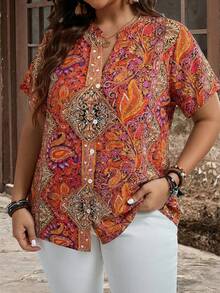 EMERY ROSE Áo sơ mi ngắn tay in họa tiết phong cách Bohemian dành cho nữ cỡ lớn, đính cúc, thích hợp cho mùa xuân và mùa hè. - Đỏ - Xem 3