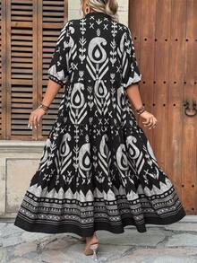 Ceyna Plus Size Black Boho Random Print A Line Long Dress For Women Notched Neck Three Quarter Puff Sleeve Flared Ruffle Hem Woven Fabric Bohemian Style - Black - View 2