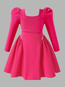 Elladie kids Girls Red Textured Knit Crew Neck Beaded Ruffle Hem Dress With Puff Sleeves, Fashionable & Elegant For Everyday, Gatherings, Parties - Hot Pink - View 2