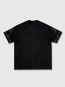 ROMWE MEN 2026 Spring, Autumn & Summer Men's Casual Rhinestone Embellished Round Neck Printed Short Sleeve T-Shirt, Punk Street Y2K Style Summer Top - Black - View 2