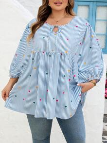 SHEIN CURVE+ Curve 尺码 US22 音乐节、海滨度假、波西米亚情人节女士条纹爱心印花休闲百搭通勤灯笼袖衬衫 - 藍色 - 查看 5