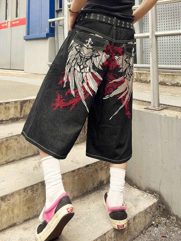 ROMWE MEN Goth Men's Embroidered Pattern Loose Denim Shorts Spring/Summer - Black - View 1