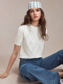 BizChic 新款春夏圆领菱形镂空图案防起球丝滑针织女式上衣，休闲百搭日常穿着 - 白色 - 查看 8