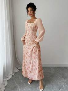 Modelyn 女士印花方领长袖优雅夏季连衣裙 - 粉色 - 查看 4
