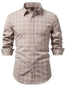 Manfinity Mode 男士休闲格子长袖衬衫，春秋季男士休闲衬衫，男士纽扣衬衫，男士纽扣衬衫设计，棕白衬衫 - 卡其色 - 查看 6