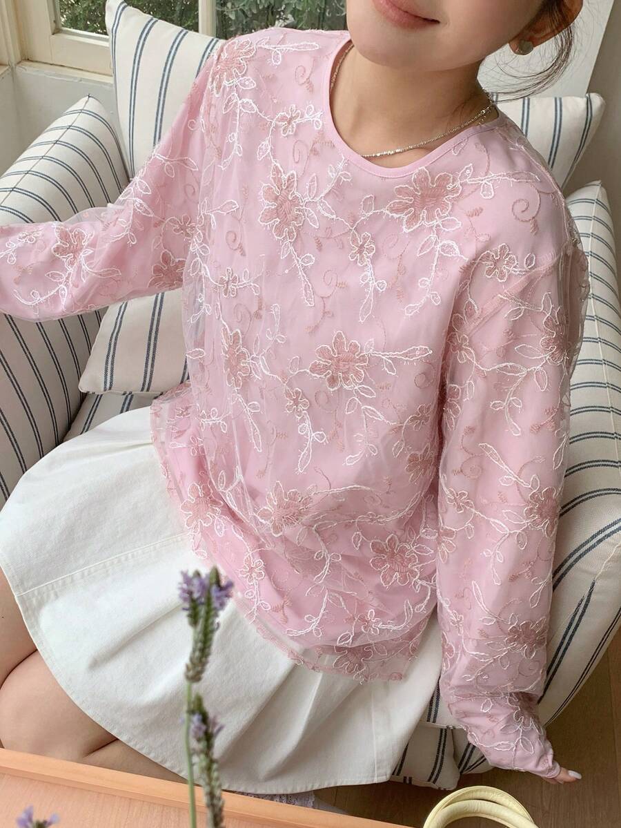 Dazy Plus 大码花卉刺绣宽松套头衫，优雅大码女装春秋季款，粉色 - 粉色 - 查看 1