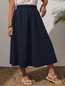 SHEIN PETITE CURVE Plus Size Solid Color Elastic Waist Swing Loose Summer Fashion All-Match Skirt - Navy Blue - View 4