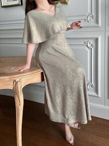 Dazy Plus V-Neck Ruffle Shoulder 2 In 1 Waist Slimming Long Sleeve Dress For Party - Gold - View 1