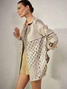 MOTF PREMIUM WOMEN'S FASHIONABLE HOLLOW OUT CONTRAST COLORBLOCK PU PATCHWORK BLAZER - Grey - View 7