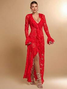 SHEIN BAE Đầm nữ màu trắng trơn, gợi cảm, đơn giản, thanh lịch, tay dài, xếp ly, cổ chữ V sâu, ren, thích hợp cho kỳ nghỉ hè đầu xuân, ngày lễ tình nhân, dự tiệc, hẹn hò lãng mạn, đám cưới, phù dâu, dạ hội, đi làm hàng ngày, sinh nhật, ngày lễ. - Đỏ - Xem 4