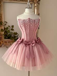 Lovelzi Elegant Dusty Pink Romantic Lace & Mesh Puff Skirt Bandeau Boned Bodice With Detachable Bow Tie Back Adjustable Straps, Suitable For Beach, Date, Birthday, Party, Graduation, Wedding, Prom - Dusty Pink - View 2