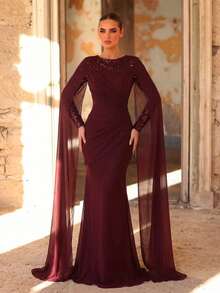 Aureia Đầm dạ hội dài tay màu đỏ sẫm sang trọng, lãng mạn, đính sequin và vải chiffon, kiểu đuôi cá, tay áo bồng bềnh, thích hợp cho khách dự đám cưới, lễ hội, tiệc sinh nhật, lễ cưới, tiệc tối trang trọng. - Đỏ - Xem 7