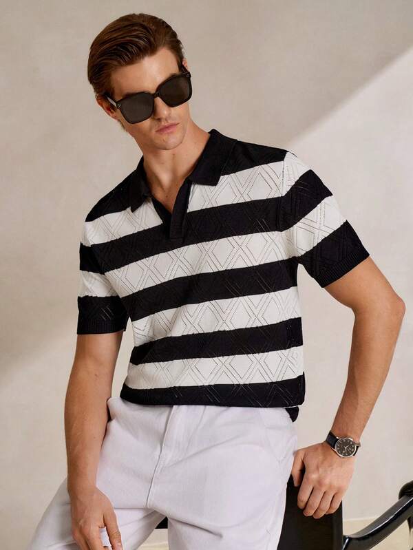 Manfinity CityGents Men's Striped Pattern Hollow Out Casual Short Sleeve Knit Top Men Buttoned Knitted Polo Men's Resort Wear Black And White Outfits Men Summer Wear For Men Knitted Shirt For Men