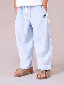 SUMWON Casual Drawstring Pull On Double Cloth Relaxed Fit Boys Wide Leg Summer Spring Pants With Elastic Waistband And Side Pockets Vacation - Baby Blue - View 1