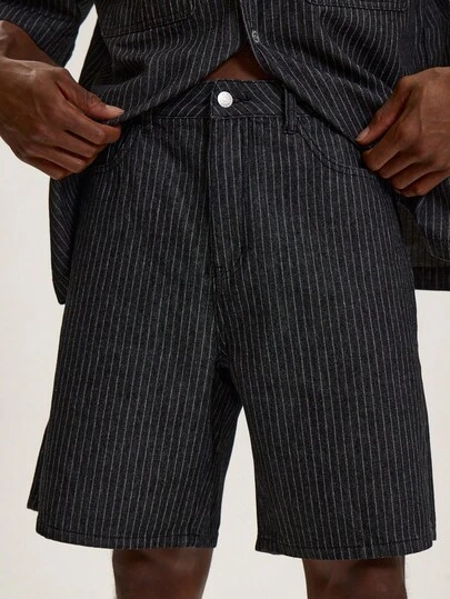 Musero กางเกงขาสั้นผ้ายีนส์ลายทาง Pinstripe Bermuda ติดกระดุม ห่วงเข็มขัด รายละเอียด กางเกงยีนส์ขาสั้น สไตล์ Jorts สิ่งจำเป็นสำหรับฤดูใบไม้ผลิและฤดูร้อน