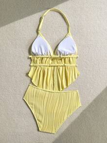 SHEIN Ensemble de bikini à col ras-du-cou en tricot texturé jaune pour adolescentes, idéal pour les vacances à la plage au printemps/été - Jaune citron - Voir 1