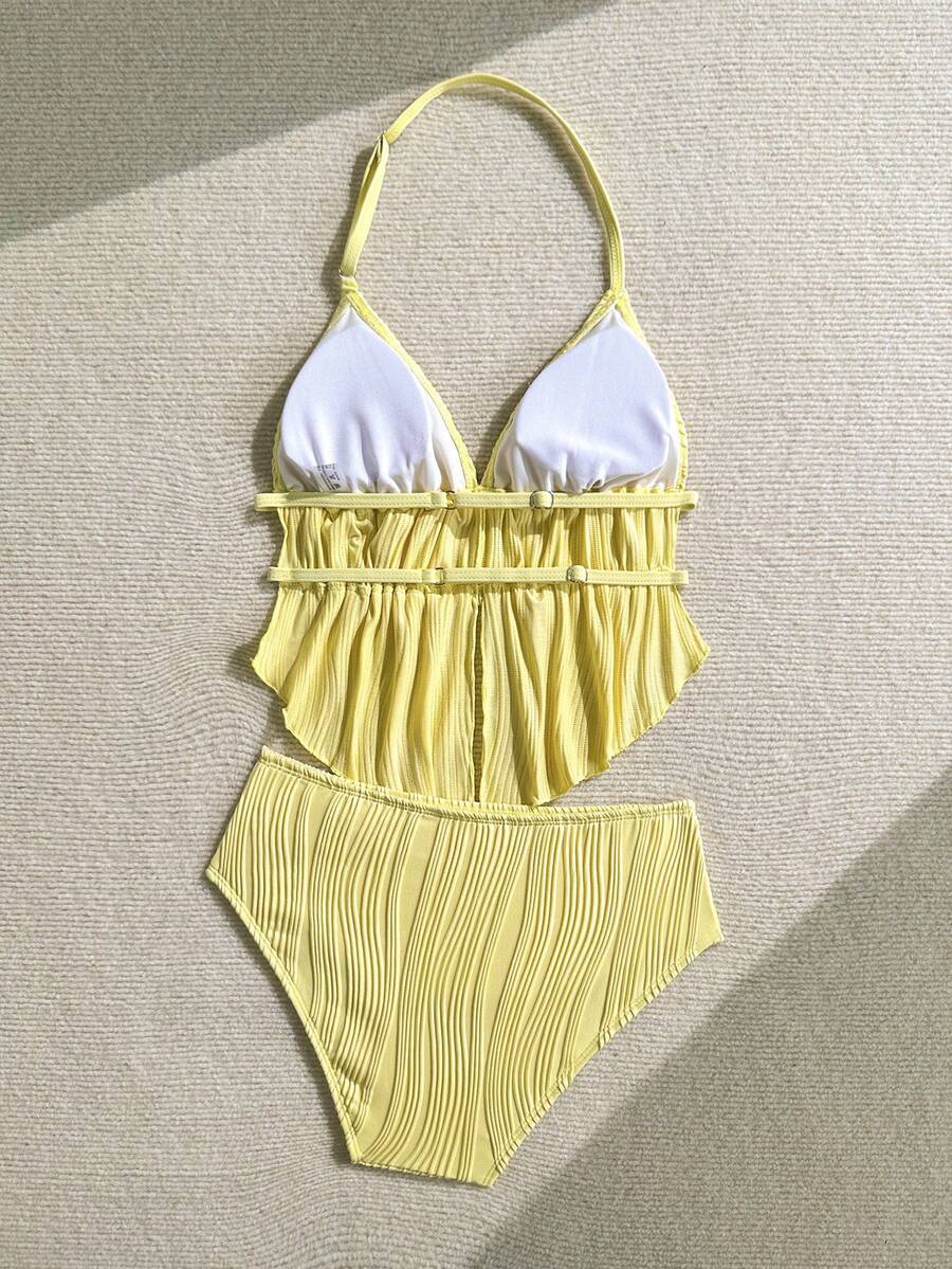 SHEIN Ensemble de bikini à col ras-du-cou en tricot texturé jaune pour adolescentes, idéal pour les vacances à la plage au printemps/été - Jaune citron - Voir 1