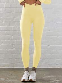 Musera Sport Crossover Dipped Waist Fitted Contour Active-Wear Leggings Padel Tennis Pickleball Gym Fitness Yoga Pilates Daily Casual - Butter Yellow - View 2