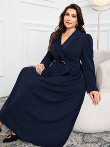 Modelyn Đầm công sở hai hàng cúc màu trơn thanh lịch cỡ lớn - Màu xanh hải quân - Xem 6