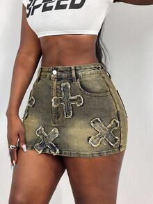 Slaydiva Chân váy ngắn denim bạc màu, kiểu dáng thường ngày, phong cách đường phố, cá tính, có vạt chéo và tua rua, thích hợp cho mùa hè. - Màu xanh lam - Xem 3