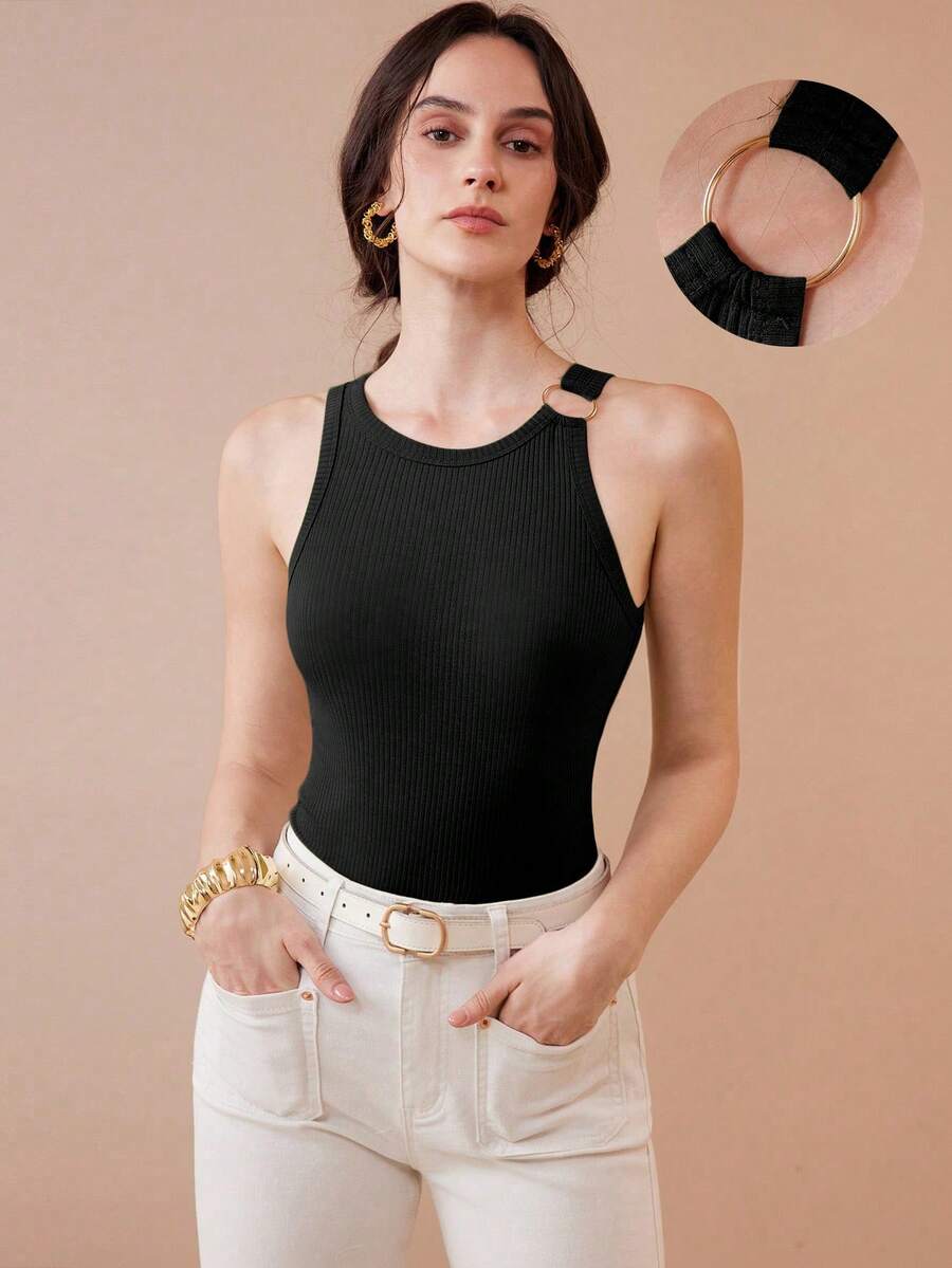 Uhlyne 女士针织纹理简约优雅休闲金属环露背性感吊带背心 - 黑色 - 查看 1