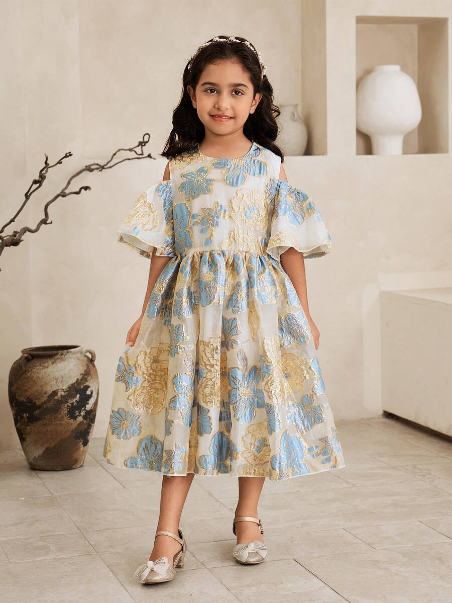 SHEIN Glamorique Kids Luxury Girls Vacation Style Flared Midi Dress With Blue Plant Pattern And Cold Shoulder Puff Sleeves For Young Kids - Blue - View 1