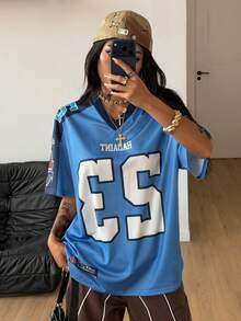 SHEIN Coolane 女士夏季节日复古街头运动服号码印花超大棒球衫T恤 - 藍色 - 查看 6