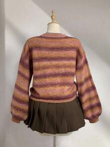 Elamini 女式圆领落肩长袖渐变色休闲时尚毛衣，秋冬