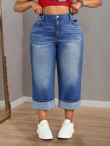 Slaydiva Quần jeans ống rộng cạp cao, xắn gấu, dáng suông, chất liệu wash, cỡ lớn, kiểu dáng thường ngày. - Màu xanh lam - Xem 3