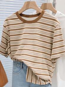 Resyla Áo thun nữ tay ngắn kẻ sọc nhiều màu sắc kiểu cổ điển, cổ tròn, dáng rộng, cỡ lớn, thích hợp cho mùa hè. - Nhiều màu - Xem 1