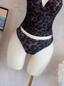 Bonvoyette 2pcs Women's Leopard Print V-Neck Camisole & Tankini Set, Casual Vacation Mature Style, Adjustable Straps, Slimming Design, Summer - Multicolor - View 6