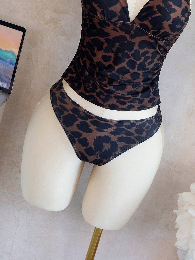Bonvoyette 2-delat set med leopardmönster och v-ringning för kvinnor, avslappnad semester, mogen stil, justerbara axelband, bantande design, sommar - Multifärgad - Visa 6