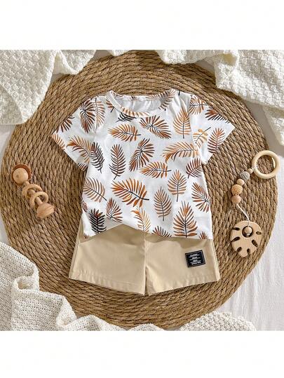 Loomiva Set de 2 piezas de top de manga corta de cuello redondo suave de punto con estampado floral y pantalones cortos de cintura elástica para niño bebé