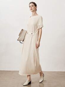 Aalyst Đầm dài tay kẻ caro bằng vải lanh dành cho nữ, thích hợp cho mùa xuân/hè, thanh lịch, đi làm, đi nghỉ mát, dự tiệc trà chiều, lãng mạn, cao cấp, thoải mái, thường ngày, cổ áo xếp ly, eo kiểu kén tằm. - Màu be - Xem 4