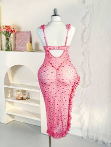 PetitDoll Valentine's Day Heart Print Mesh Steel Hoop Side Slit Ruffle Hem Sexy Nightgown + G-String 2pcs Set For Women - Pink - View 8