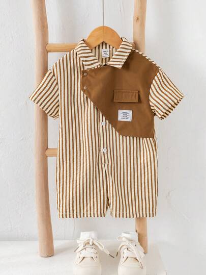 SHEIN 新生男宝宝夏季可爱休闲学院风撞色翻领连体衣，适合生日派对、锐舞派对、晚宴、演出、婚礼、宝宝满月、洗礼和一周岁生日庆祝活动、婚礼宾客、婴儿洗礼服