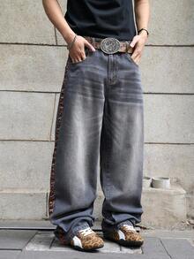 Manfinity EMRG Men's Animal Print Pocket Button Casual Versatile Commute Loose Fit Jeans - Light Grey - View 4