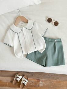 SHEIN 两件套幼儿男童清新可爱绿色条纹套装，包括翻领短袖衬衫和绿色短裤，适合优雅场合、婚礼宾客、花童、戒指童、婚礼、婴儿派对、洗礼和一周岁生日庆祝。 - 綠色 - 查看 3