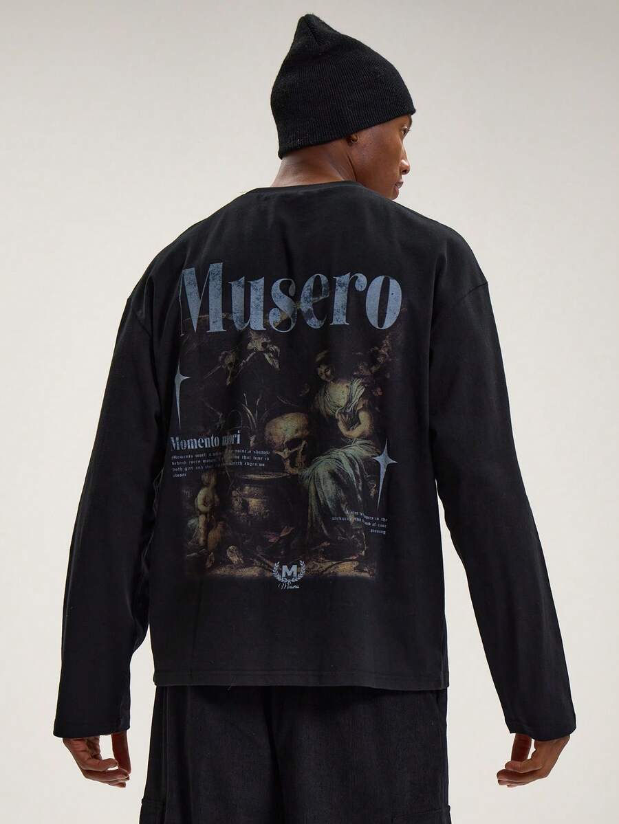 Musero Crew Neck Long Sleeve Drop Shoulder Large Back Graphic Print Tshirt SPRING SUMMER Essentials - Black - View 1