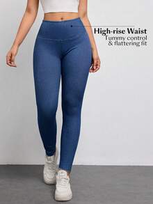 Flexra 女式休闲弹力修身紧身牛仔裤，适合秋季户外穿着 - 中等水洗藍 - 查看 2