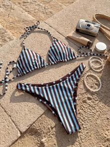 Swim Mod 2pcs/Set Women's Fashionable & Cute Beach Outfit, Sexy Party/Yacht Polka Dot & Striped Print Halter Backless Reversible Tie-Front Crop Top And Adorable Bikini Bottoms - Multicolor - View 6